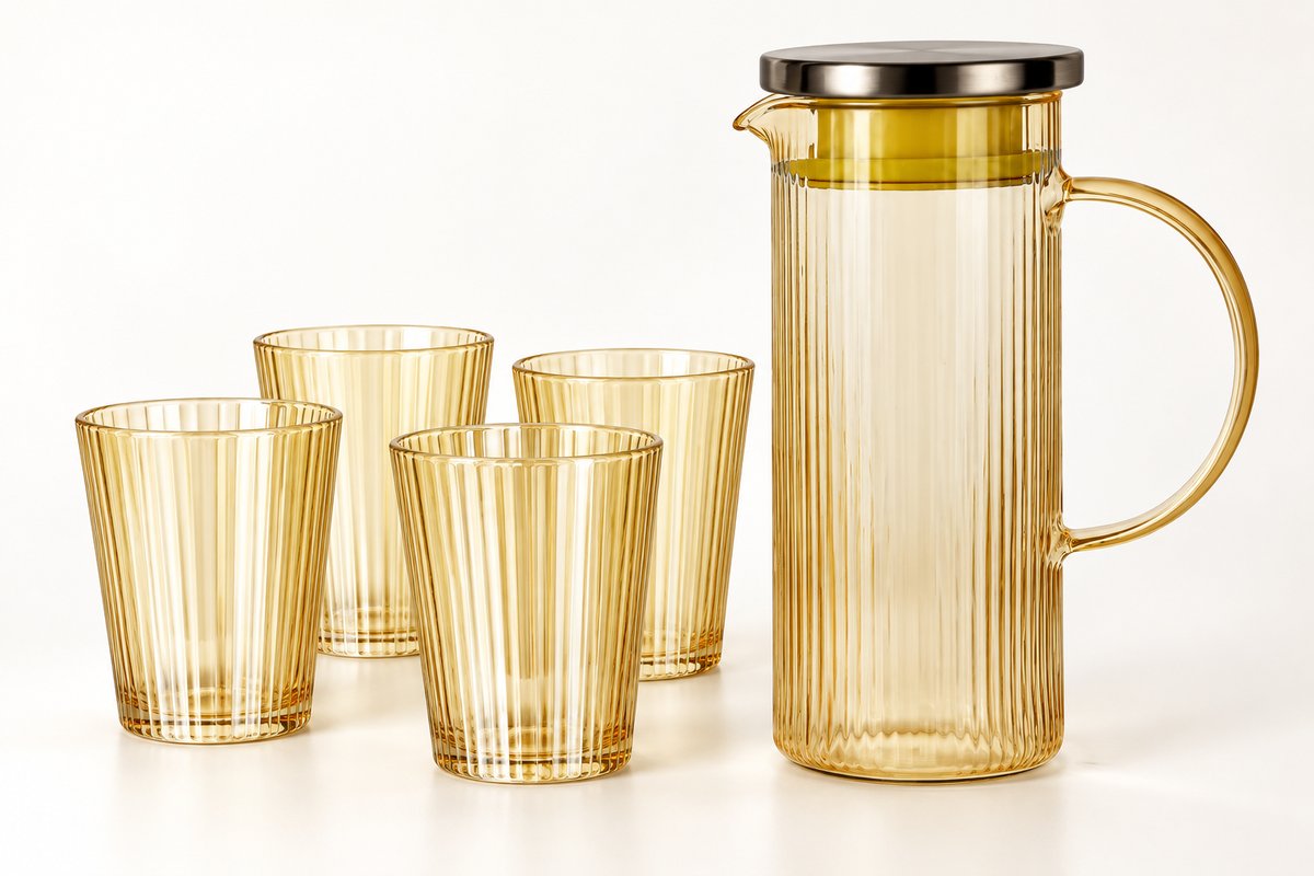 Amber Ribbed Glass Water Jug Set