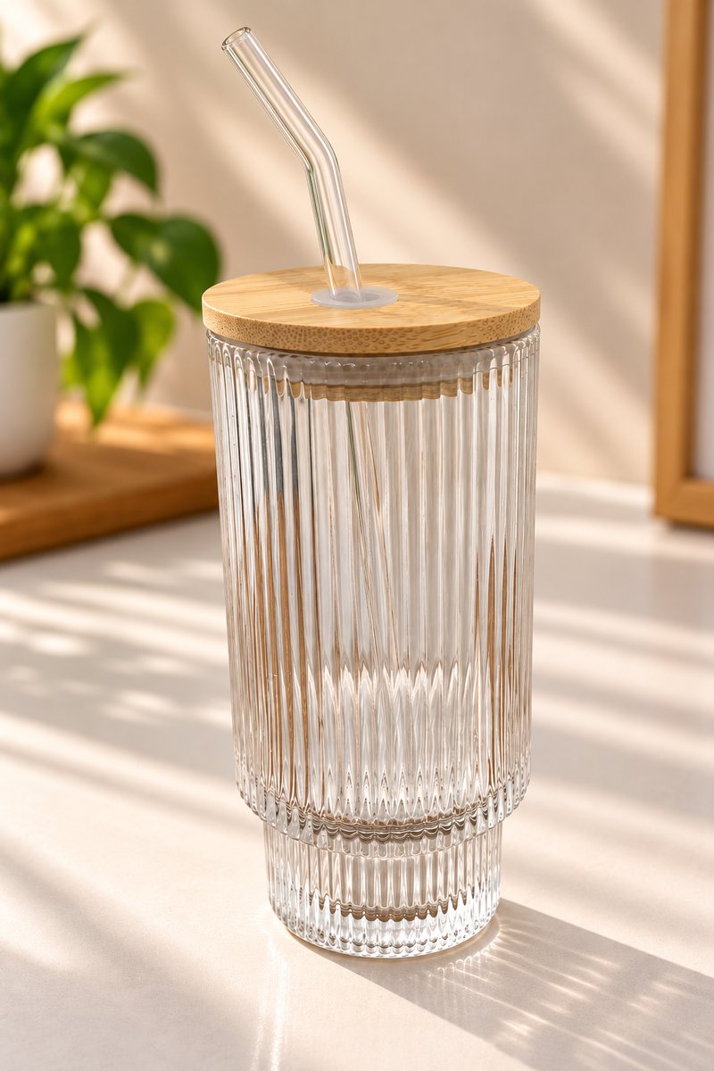 Ribbed Glass Cup with Bamboo Lid
